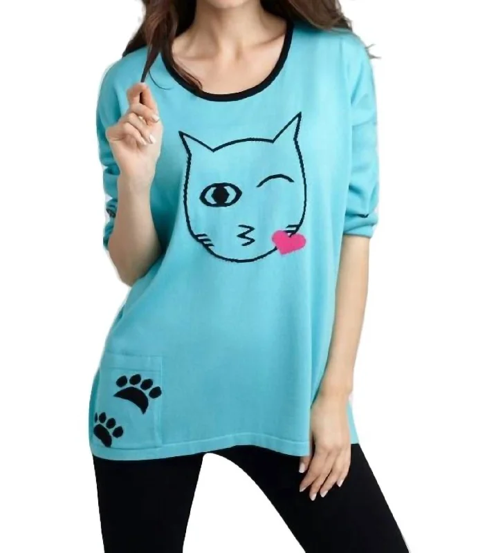 Sleeveless Women's Silk Blend Sweater Dresses for a Sophisticated LookCat Kiss Graphic Sweater In Turquoise/black