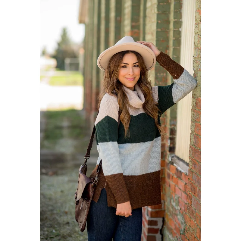 Plus Size Women's Mock - Neck Sweater in Teal with a Side Slit for a Modern TwistColor Block Side Slit Cowl Neck Sweater