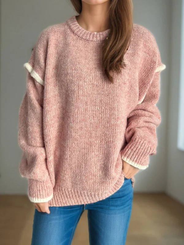 Women's Fuzzy Mohair - Blend Sweater in Light Pink for a Soft and Cozy FeelContrast Trim Round Neck Dropped Shoulder Sweater