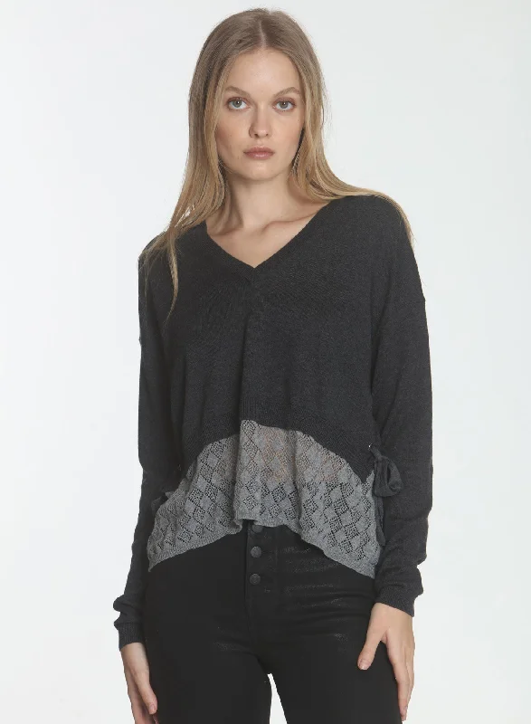 Women's Sheer Lace - Trimmed Sweater in Cream for a Delicate and Elegant AppearanceAmber Lace Vee - Charcoal