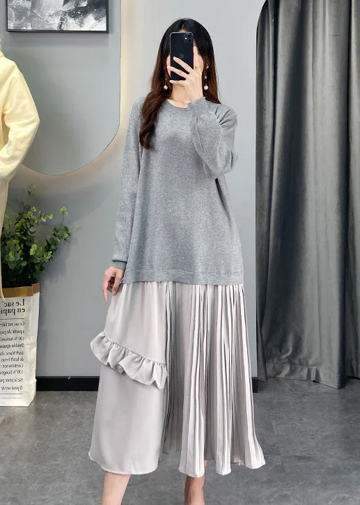 Women's Longline Boyfriend - Style Sweater in Gray for a Relaxed and Casual Outfitdiy Grey Ruffled Patchwork Knit Dresses Winter