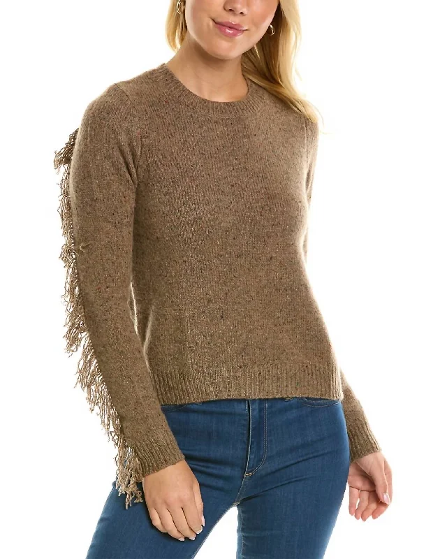 Plus Size Women's Turtleneck Sweater Dresses with Side SlitsFringed Crew Sweater In Brownie