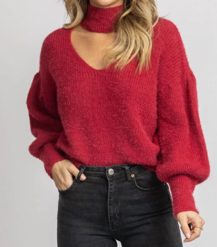 Knee - Length Women's Wool Blend Sweater Dresses in Neutral ColorsFuzzy Open Neck Turtleneck Sweater In Red