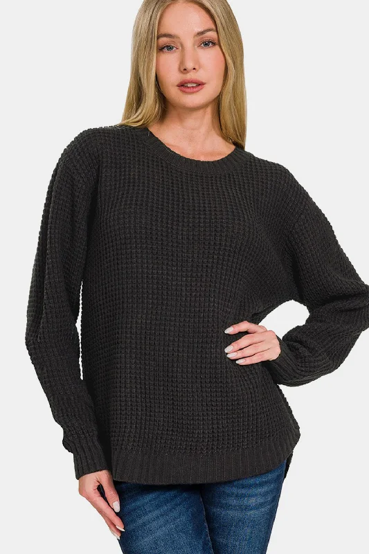 Women's Cropped Cable - Knit Merino Wool Sweater in Beige for a Trendy Fall OutfitHigh Low Long Sleeve Waffle Sweater