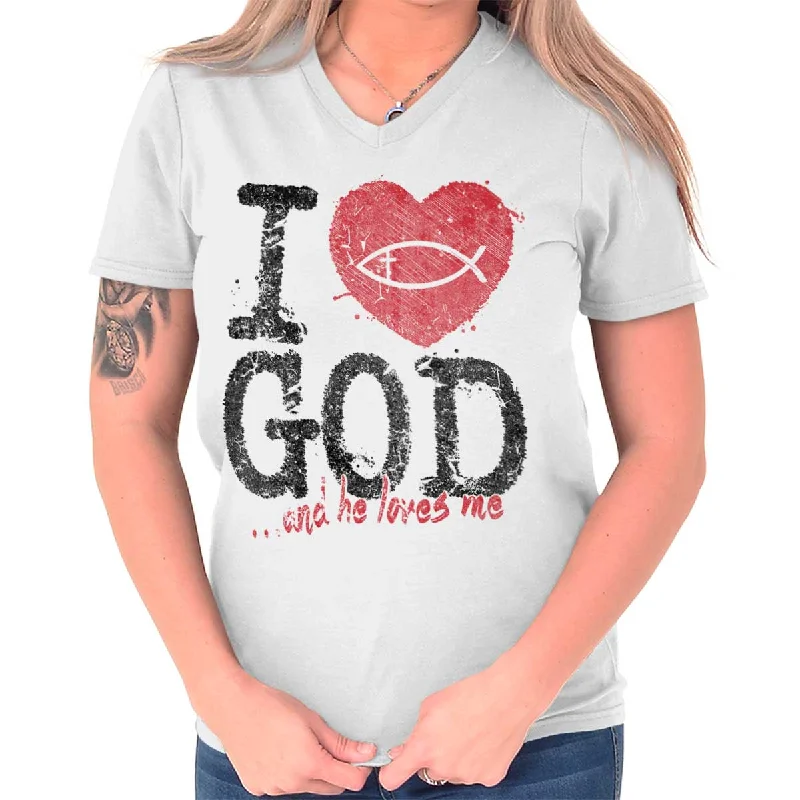 Distressed Women T Shirt with a Laid - Back AestheticI Love God V-Neck T Shirt