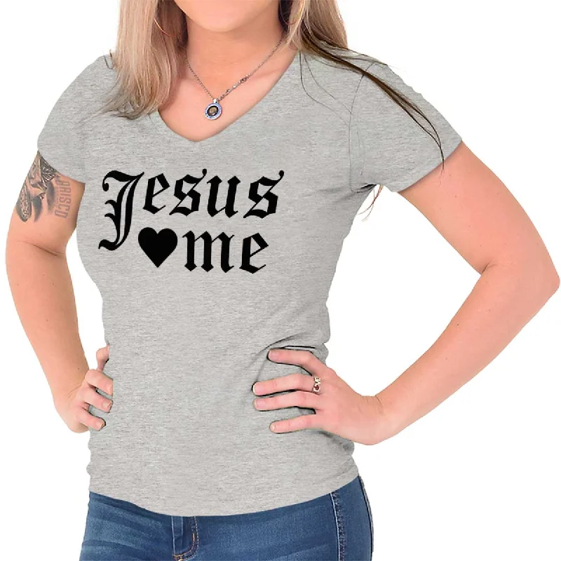 Ringer T Shirt Women with Retro - Inspired StripesJesus Hearts Me Junior Fit V-Neck T-Shirt