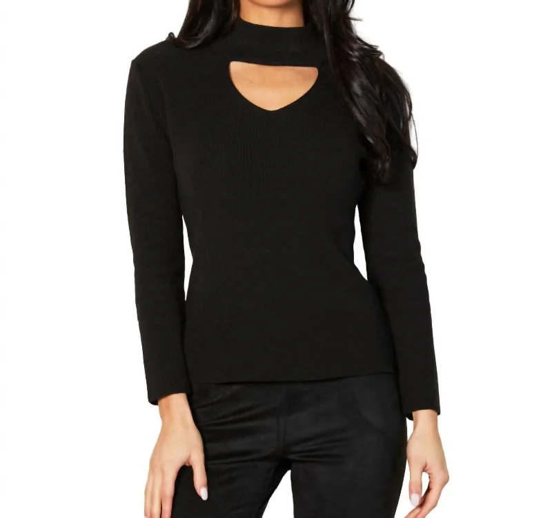 Mock Neck Women's Angora Blend Sweater Dresses in Solid ColorsKeyhole Ribbed Top In Black