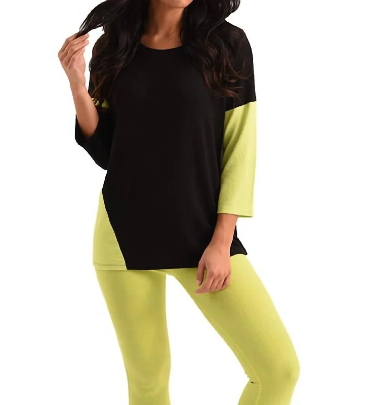 Plus Size Women's Turtleneck Sweater Dresses with Side SlitsMason 2 Tone Sleeve Kashmira Sweater In Black Lime