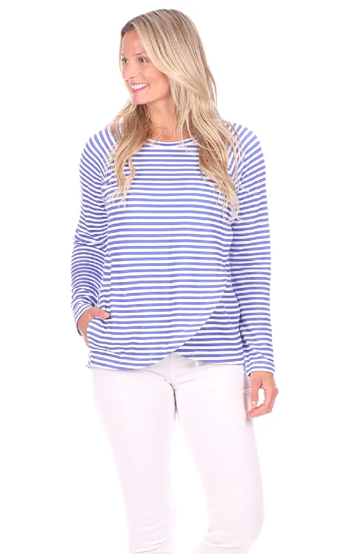 Plus Size Women's Fringe - Trimmed Sweater in Beige for a Boho - Inspired StyleMcKenna Crew Neck in Bright Blue Stripe