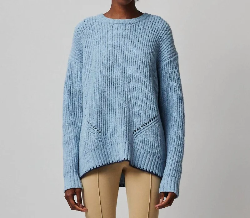 Longline Women's Mohair Sweater Dresses in a Loose FitMerino Blend Crew Neck Sweater In Heather Denim Blue