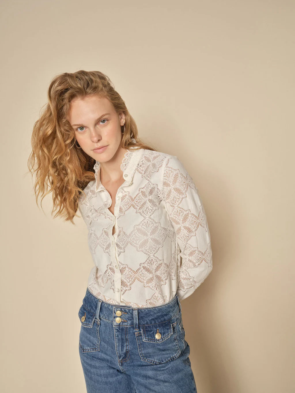 Plus Size Women's Embroidered Floral Patterned Sweater in White for a Spring - Inspired LookMos Mosh Jeta Lace Shirt