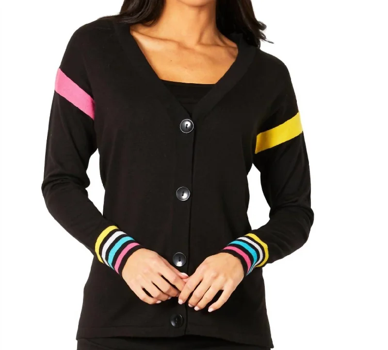 Belted Women's Cotton Blend Sweater Dresses for a Casual LookMulti Color Stripe Button Cardigan In Black