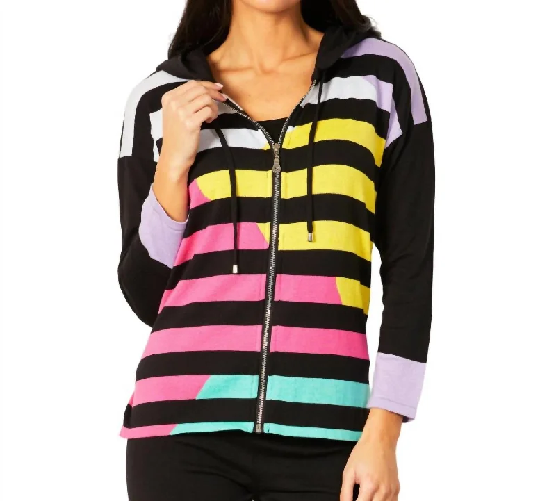 Plus Size Women's Tunic - Style Sweater Dresses with PocketsMulti Stripe Zip Up Hoodie In Black