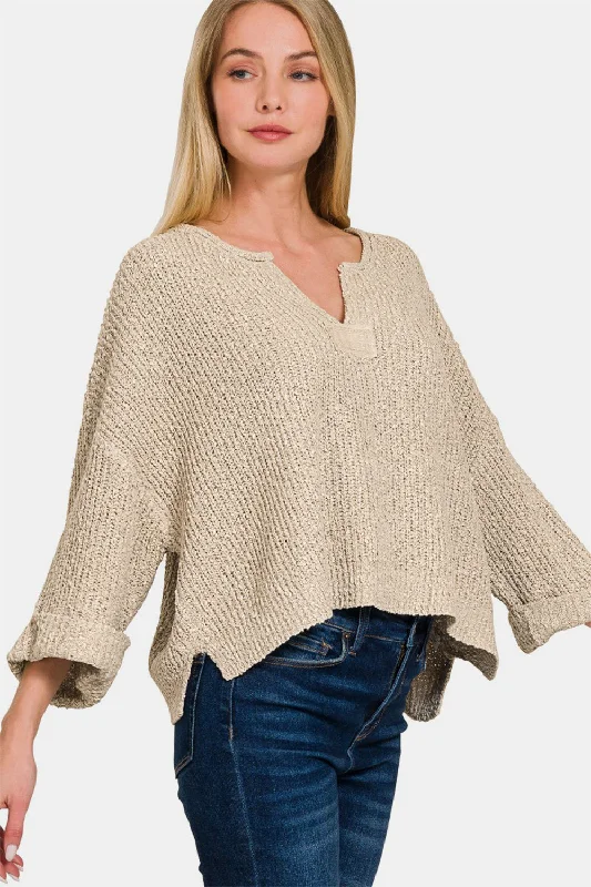 Women's Sequined Trimmed Sweater in Gold for a Glamorous Party LookNotched Side Slit Patch Sweater