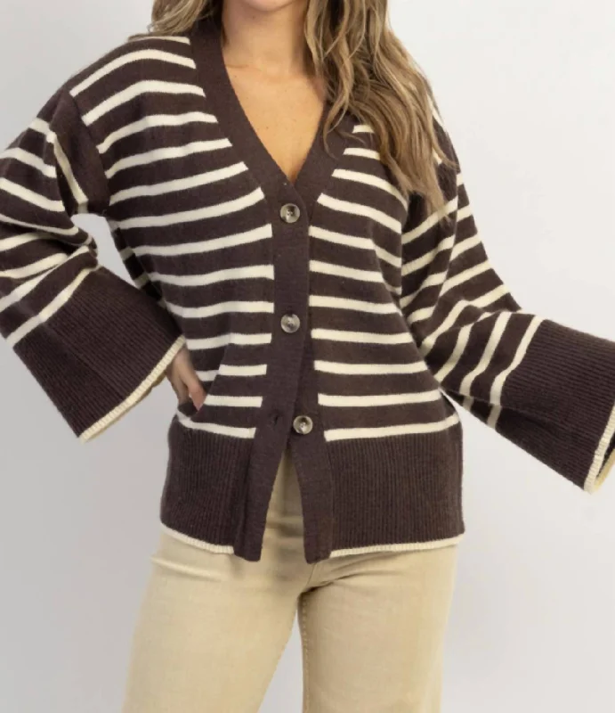 Plus Size Women's Long Sleeve Cable Knit Sweater DressesPresley Stripe Bell Cardigan In Espresso