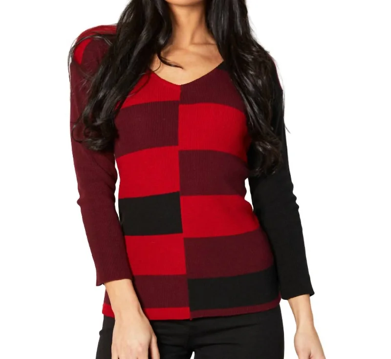 V - Neck Women's Ribbed Sweater Dresses with Belt for a Defined WaistRibbed V-Neck Sweater In Black/red