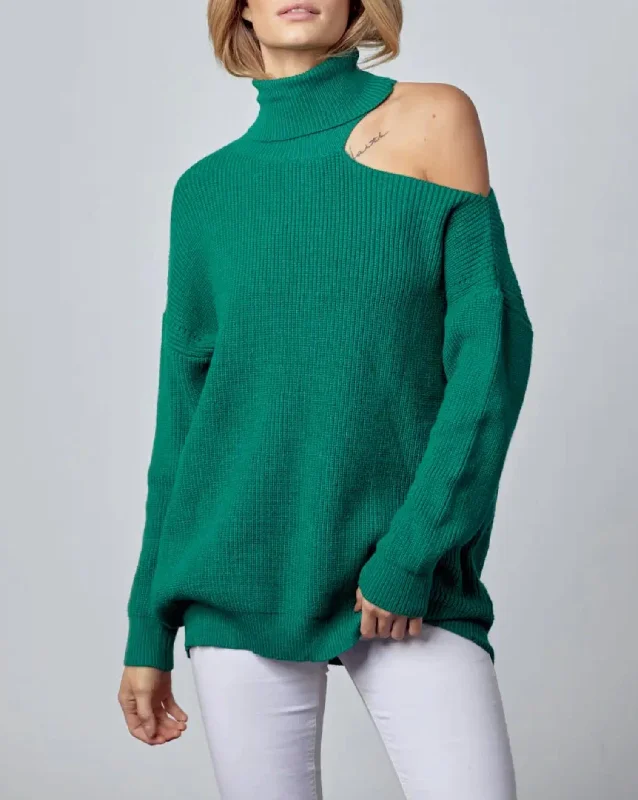 Longline Women's Mohair Sweater Dresses in a Loose FitShoulder-Baring Turtleneck Sweater In Forest Green