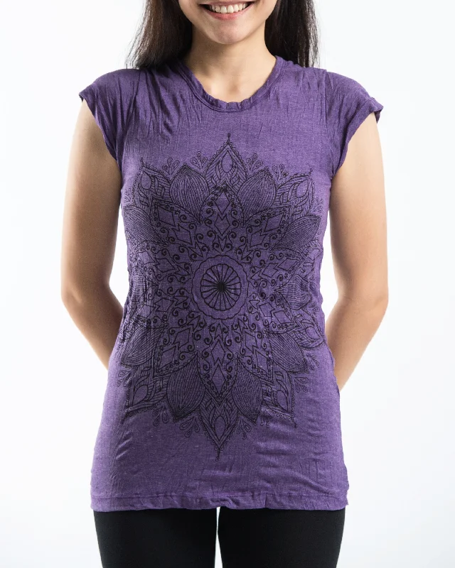 Distressed Women T Shirt with a Laid - Back AestheticWomens Lotus Mandala T-Shirt in Purple