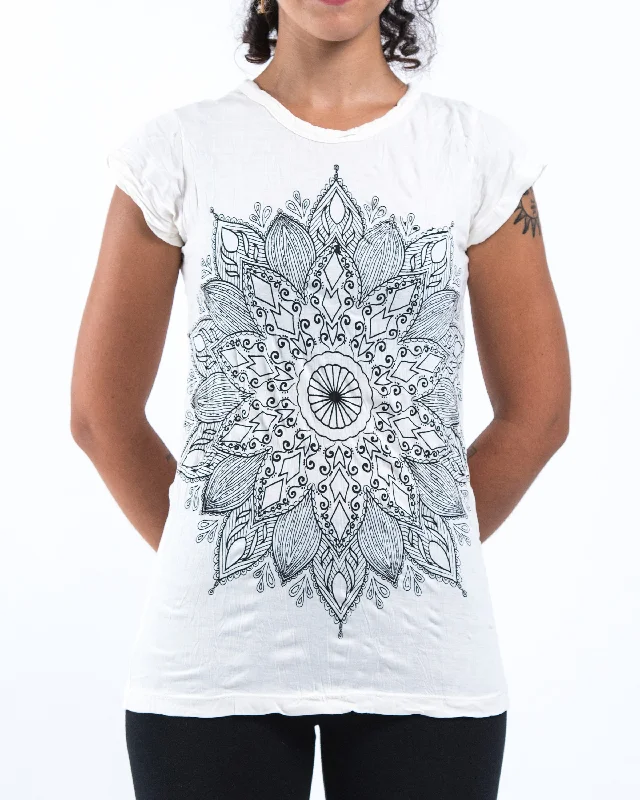 Embroidered Women T Shirt with Intricate DetailsWomens Lotus Mandala T-Shirt in White