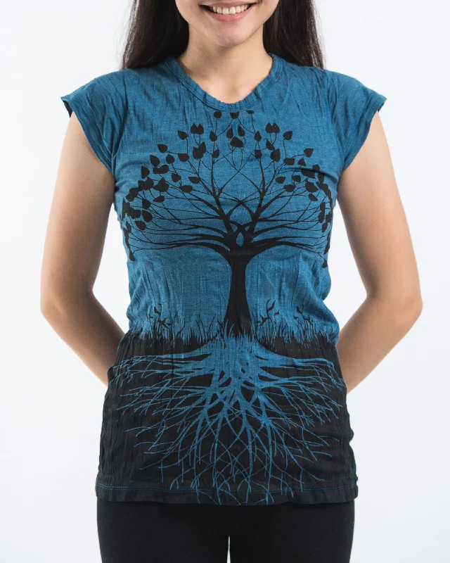 Crop Top Women T Shirt to Pair with High - Waisted BottomsWomens Tree of Life T-Shirt in Denim Blue