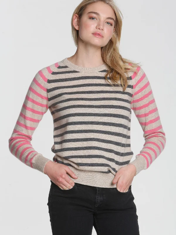 Plus Size Women's Zip - Up Fleece - Lined Sweater in Black for Extra Warmth in Cold WeatherWarhol Stripe Crew - Oatmeal Multi