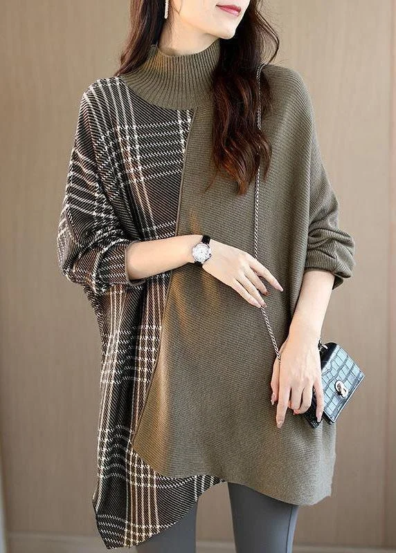 Women's Longline Boyfriend - Style Sweater in Gray for a Relaxed and Casual OutfitWomen Brown Turtleneck Patchwork Plaid Casual Fall Sweater