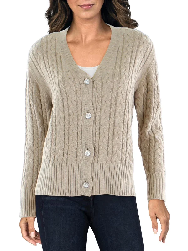 Knee - Length Women's Wool Blend Sweater Dresses in Neutral ColorsWomens Embellished Cable Knit Cardigan Sweater