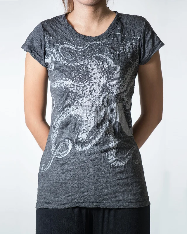 Long Sleeve Women T Shirt for Cooler WeatherWomens Octopus T-Shirt in Silver on Black