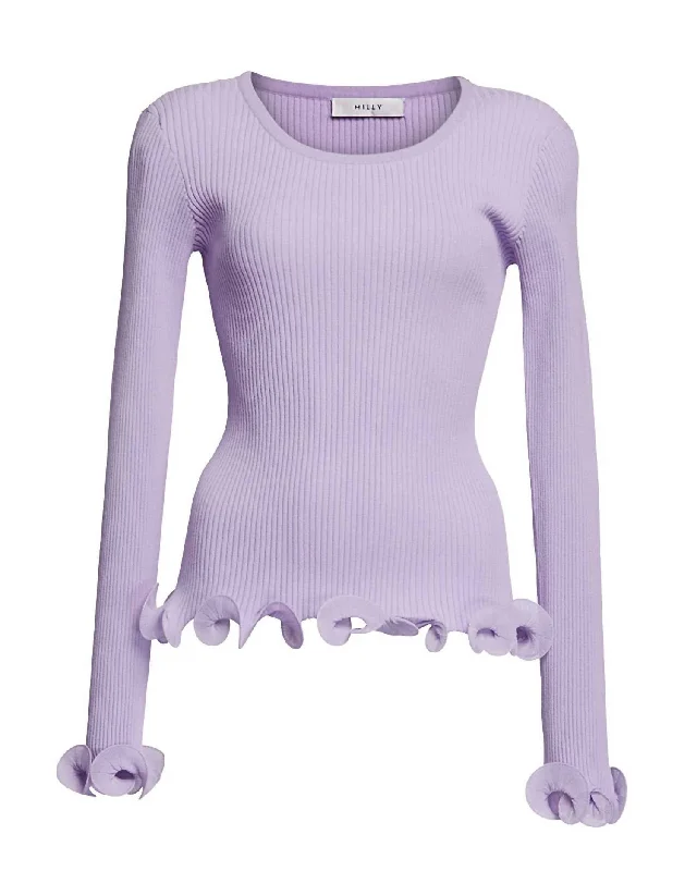 Plus Size Women's Long Sleeve Cable Knit Sweater DressesWomen's Wired Edges Ribbed Knit Pullover Sweater In Lavender