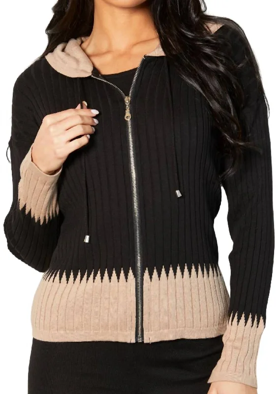 Knee - Length Women's Wool Blend Sweater Dresses in Neutral ColorsZip Hoodie Ribbed Cardigan In Black/sand