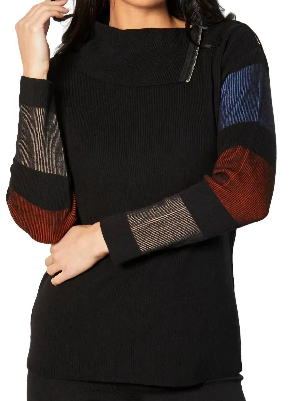 Longline Women's Mohair Sweater Dresses in a Loose FitZip Neck Ribbed Sweater In Black/multi