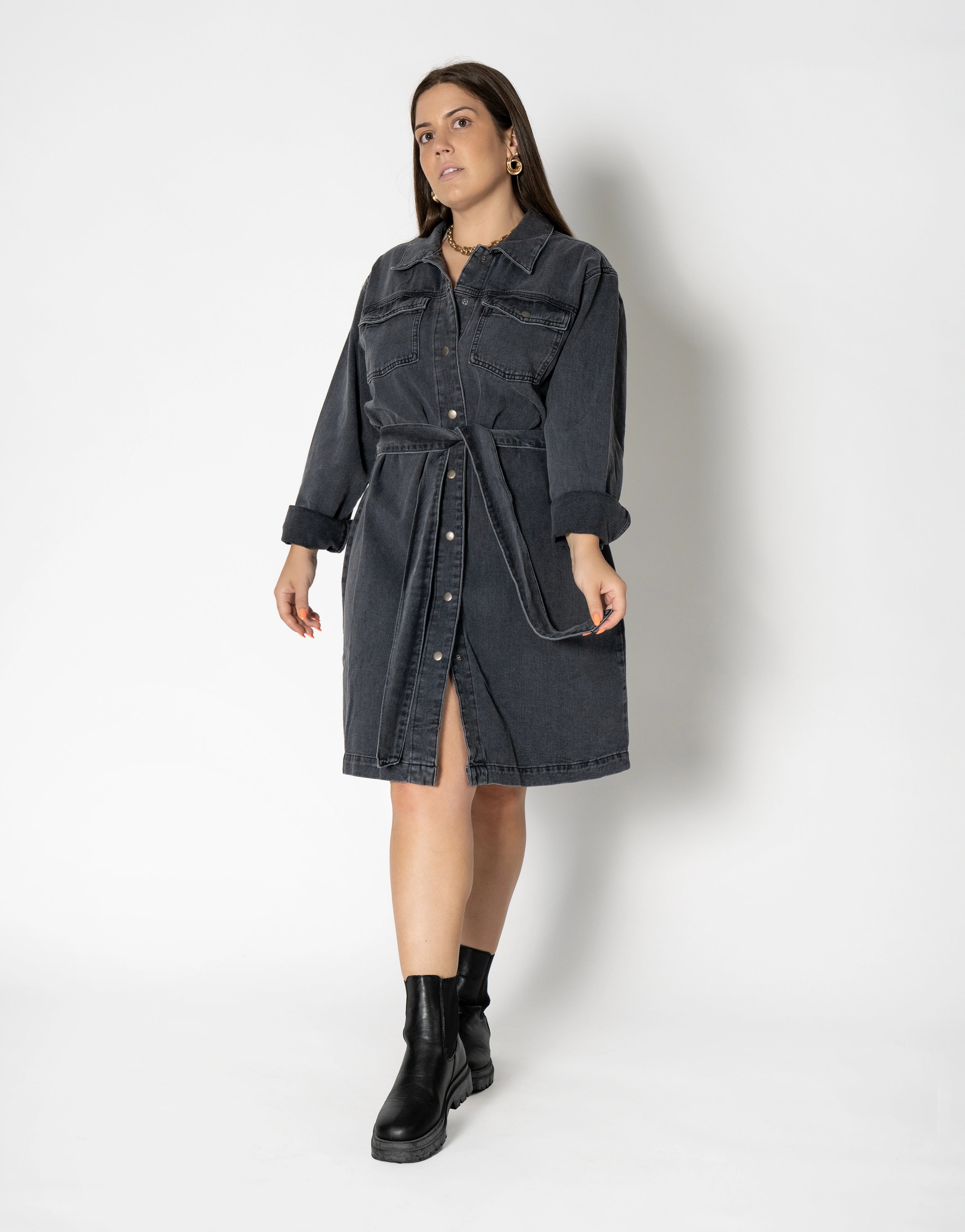 Wrap - Style Women Dress with Adjustable Fit for All Body TypesAbove Knee Denim Dress