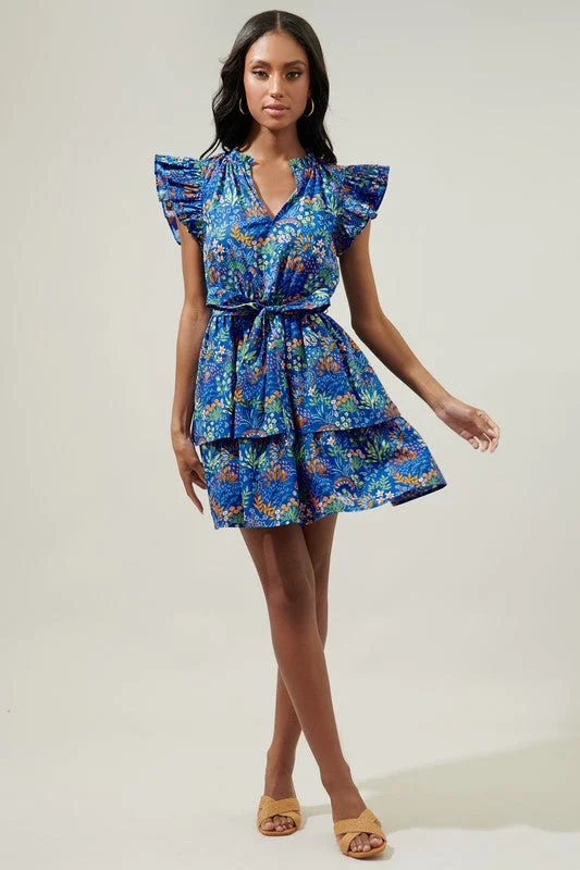 Pleated Women Dress with a Timeless and Elegant TextureBlue Floral Tiered Ruffle Mini Dress