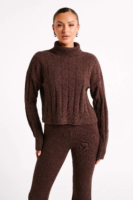 Plus Size Women's Open - Front Cardigan Style Sweater DressesCupid Long Sleeve Turtle Neck - Chocolate