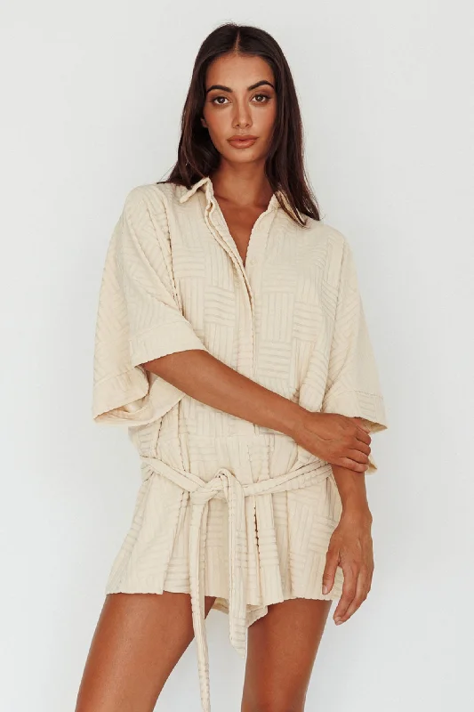 Off - the - Shoulder Women Dress for a Romantic and Feminine LookDaytona Beach Button-Up Romper Textured Beige