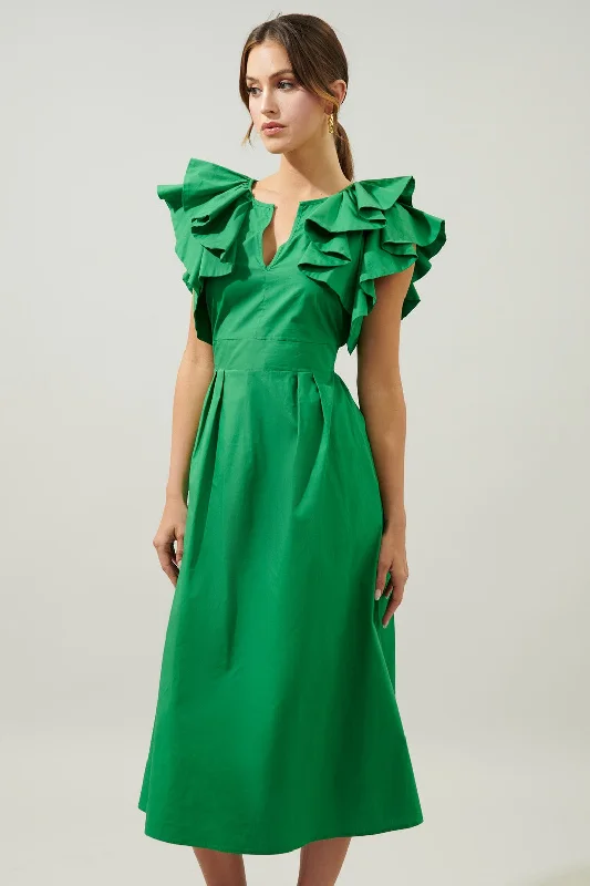 Sheath Women Dress with a Tailored Fit for a Professional LookEmerald Green Ruffle Sleeve Tie Back Midi Dress