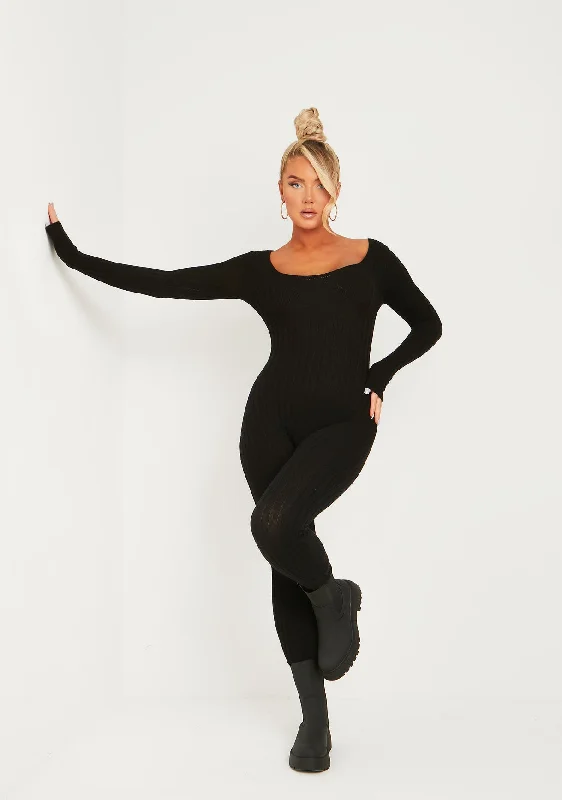 Mock Neck Women's Angora Blend Sweater Dresses in Solid ColorsEvie Black Knitted Long Sleeve Ribbed Jumpsuit