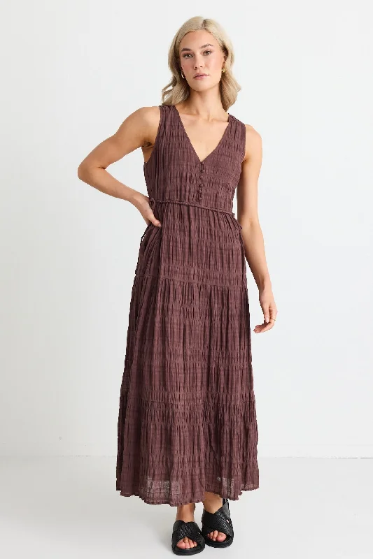 Mini Women Dress with a Short Hem for a Young and Trendy StyleFlora Chocolate V Neck Tie Front Sleeveless Tiered Maxi Dress