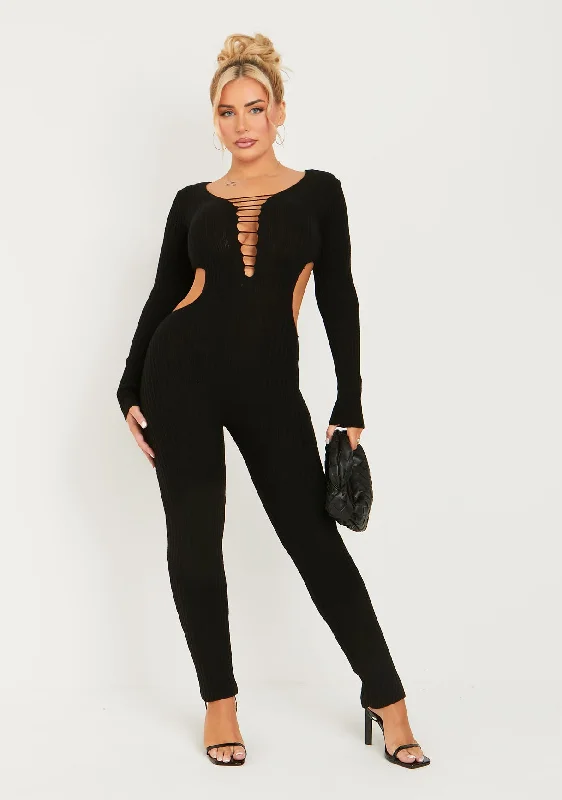 Plus Size Women's Open - Front Cardigan Style Sweater DressesKatya Black Knitted Long Sleeve Cut Out Side Jumpsuit