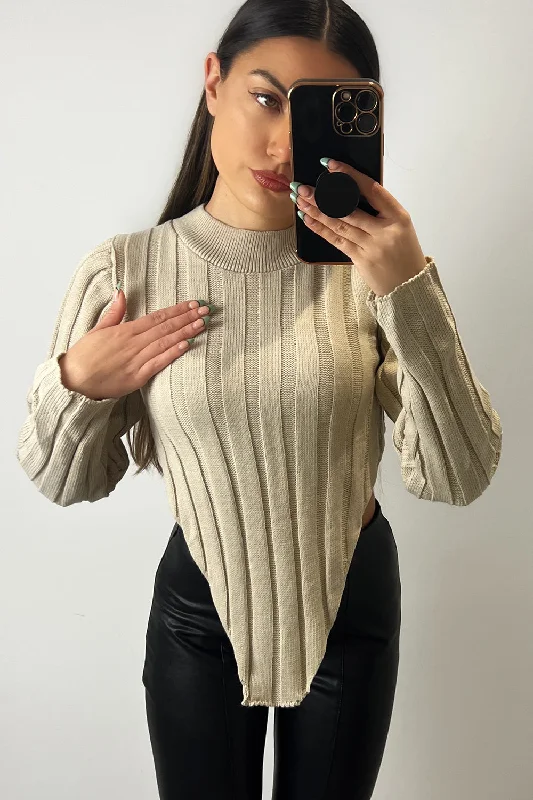 Plus Size Women's Asymmetric Hem Sweater Dresses in Modern DesignsKaya Beige Distressed Hem Knit Long Sleeve Crop Jumper