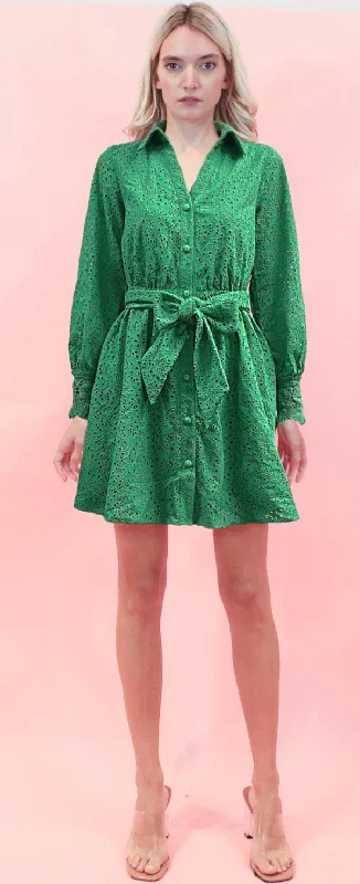 Mermaid - Style Women Dress with a Fitted Silhouette for Special OccasionsKelly Green Long Sleeve Eyelet Dress