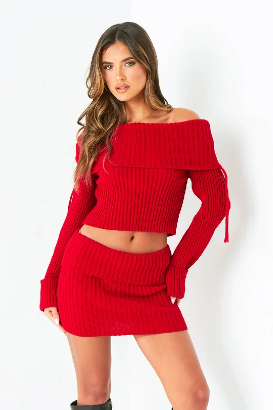 Mock Neck Women's Angora Blend Sweater Dresses in Solid ColorsLauryn Red Knitted Bardot Fold Down Jumper