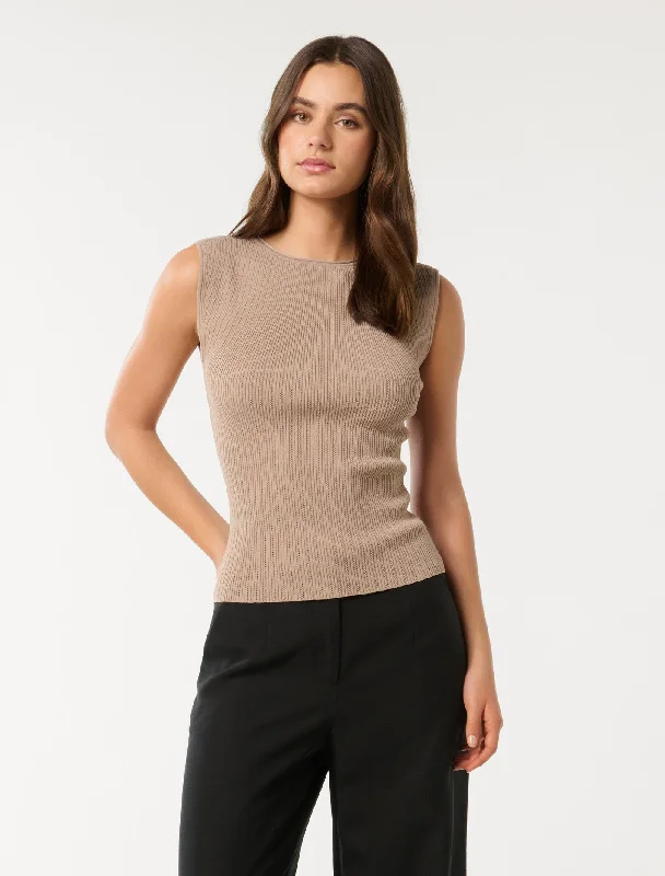 V - Neck Women's Ribbed Sweater Dresses with Belt for a Defined WaistLottie Crew Neck Knit Tank Top