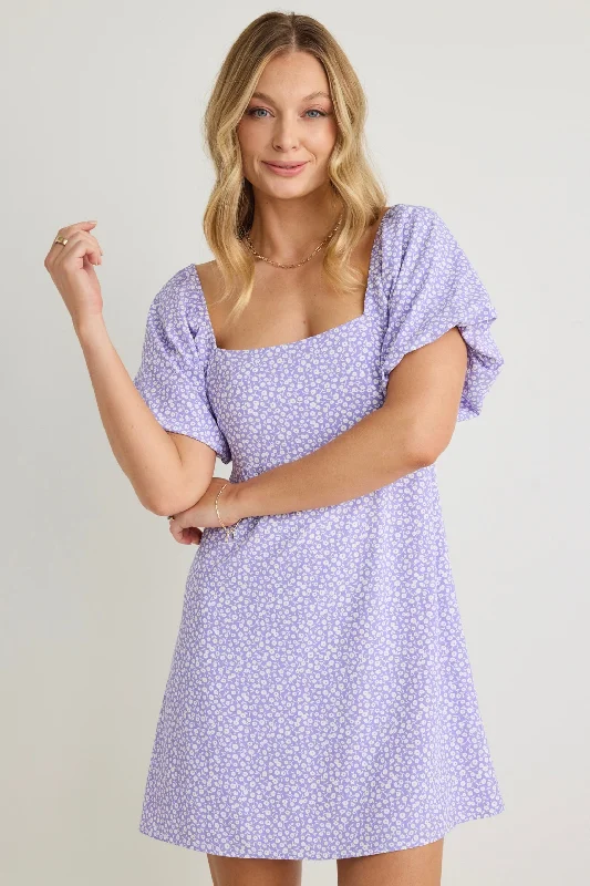 Wrap - Style Women Dress with Adjustable Fit for All Body TypesMayhem Lilac Ditsy Floral Square Neck Puff Sleeve Mini Dress