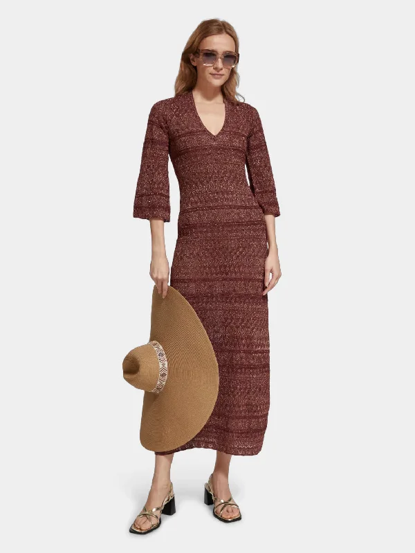 Pleated Women Dress with a Timeless and Elegant TextureMetallic pointelle knit maxi dress