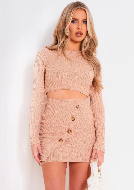 Cowl Neck Women's Cashmere Blend Sweater Dresses for WinterMira Beige Rib Knit Long Sleeve Crop Top