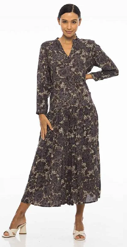 Maxi Women Dress with Floral Print for a Bohemian VibePM Long Tiered Gris Fonce Dress