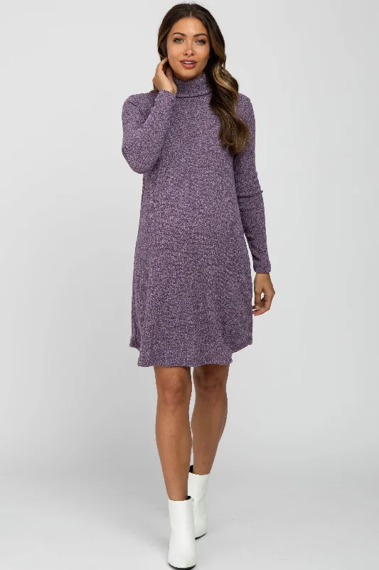 Cowl Neck Women's Cashmere Blend Sweater Dresses for WinterPurple Ribbed Turtleneck Maternity Dress