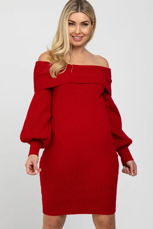 Plus Size Women's Asymmetric Hem Sweater Dresses in Modern DesignsRed Off Shoulder Bubble Sleeve Maternity Sweater Dress