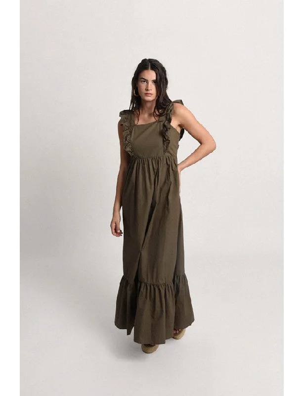 Lace - Embellished Women Dress for an Elegant and Sophisticated AppearanceRuffle Sleeve Olive Maxi Dress